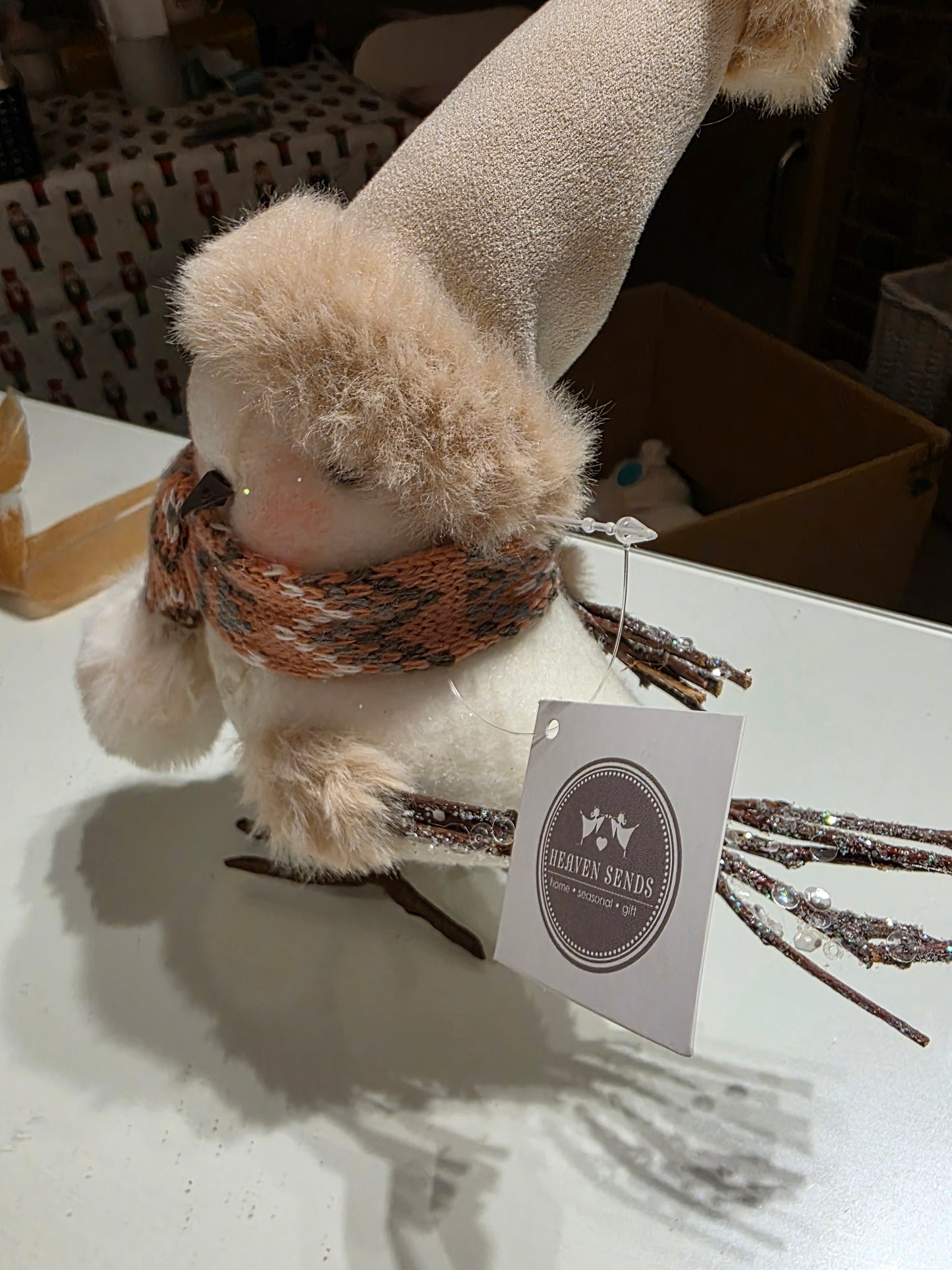 White Robin with Pink Cheeks and Pink and Brown Scarf and Hat Figurine with Wooden Legs and Tail
