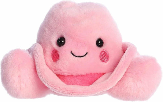 Pink plush cowboy hat toy with a smiling face on a white background