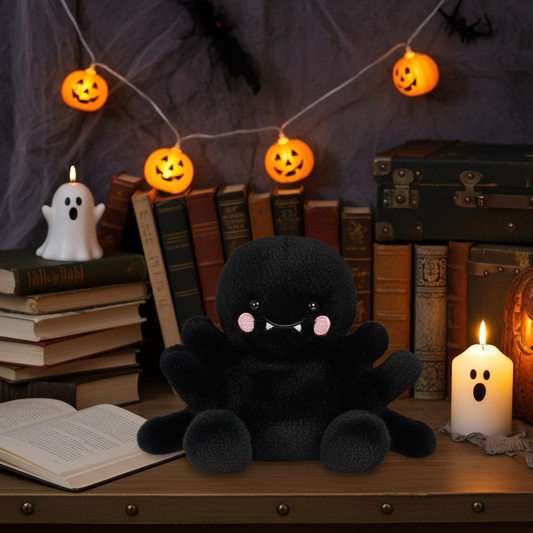 Halloween-themed scene with plush spider, books, candles, and string lights.