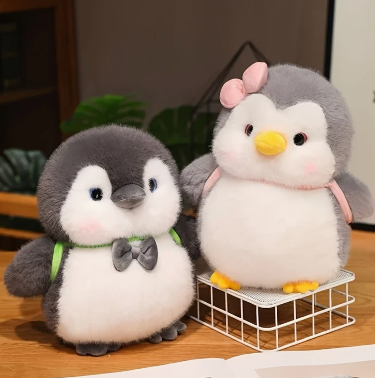 Fat Fluffy Penguin with backpacks - Grey and Pink