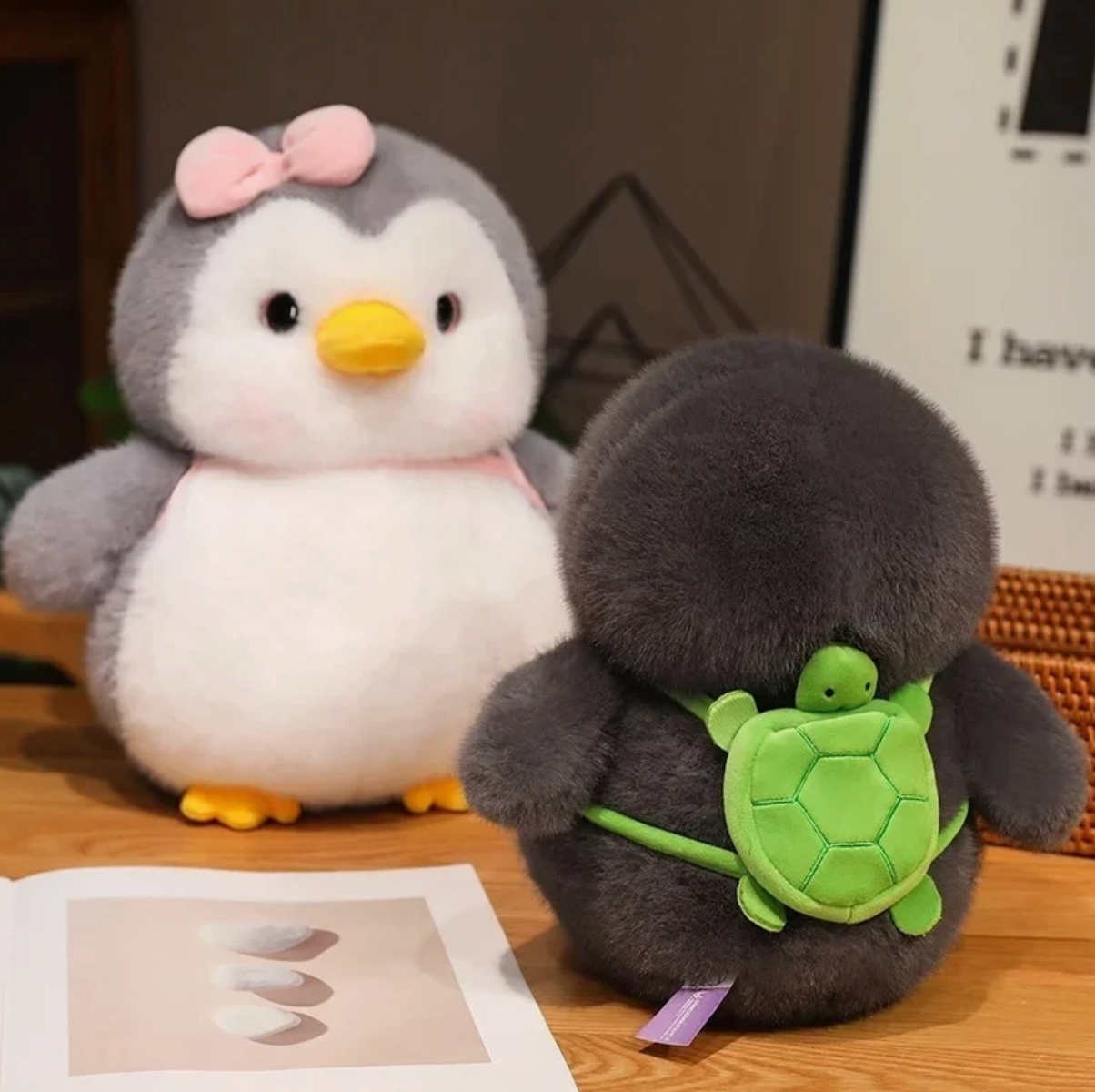 Fat Fluffy Penguin with backpacks - Grey and Pink