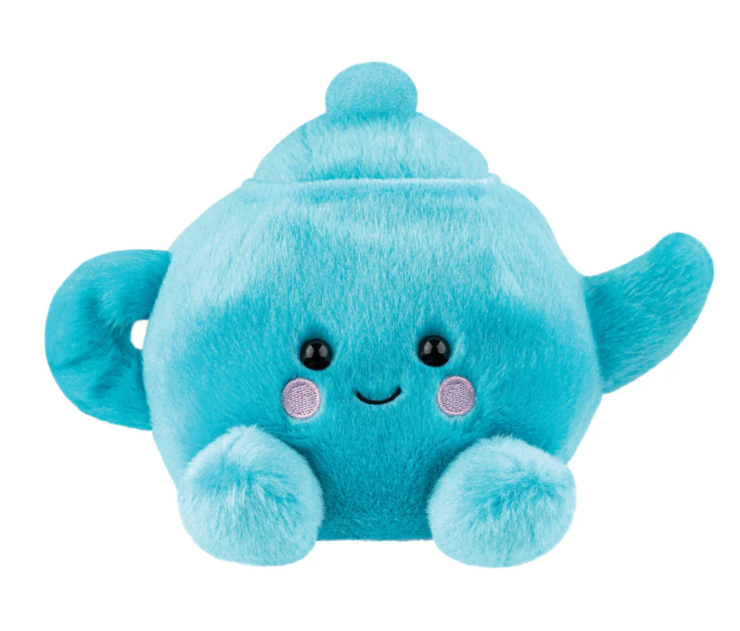 Blue plush teapot toy with a smiling face on a white background