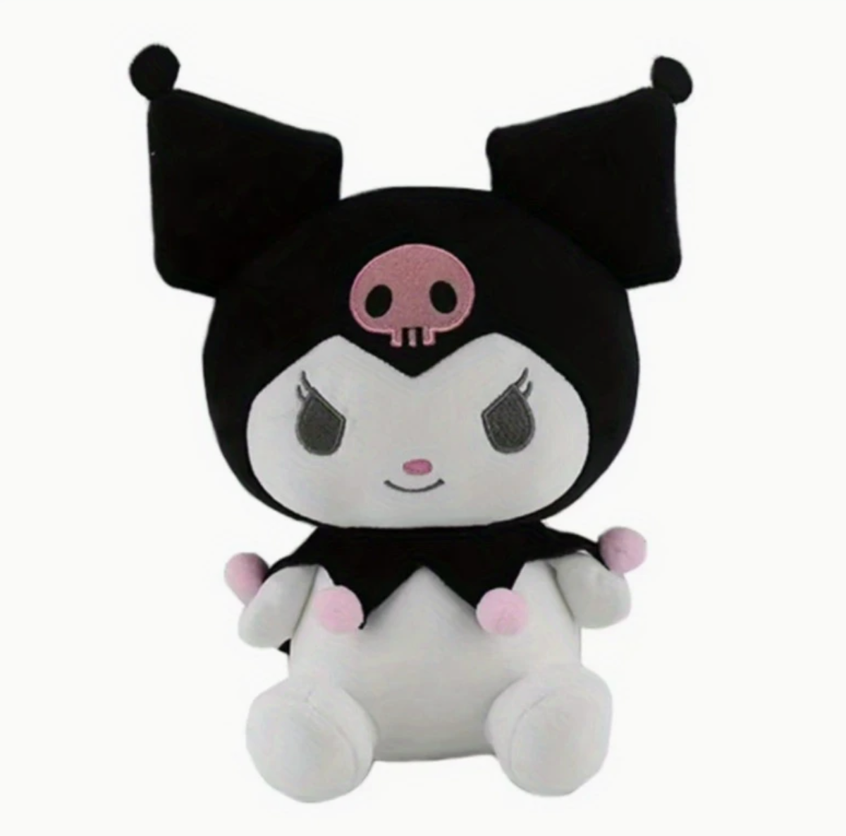 Kuromi hello kitty range plush toy with black hat and skull design on a white background
