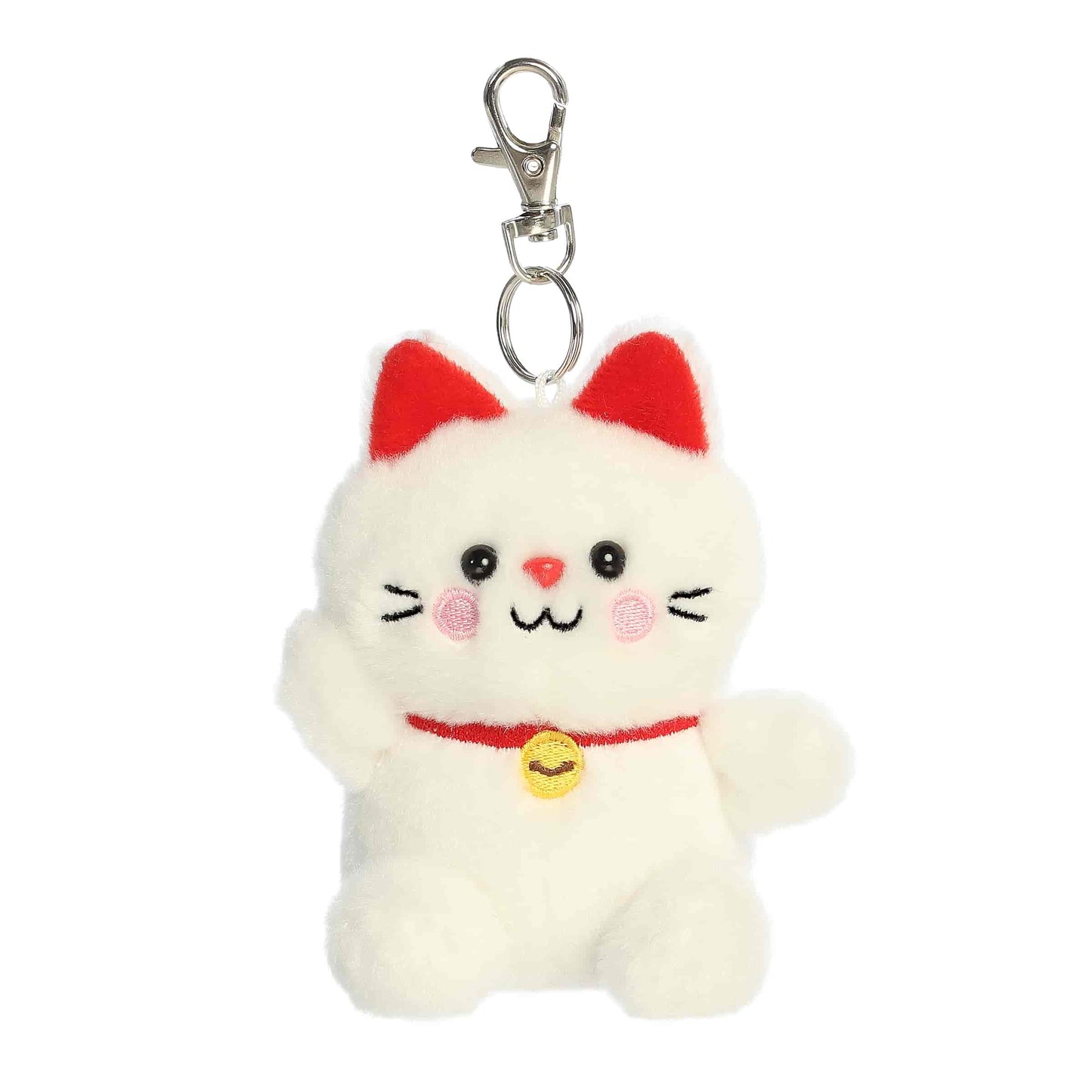 Plush cat keychain with red accents on a white background