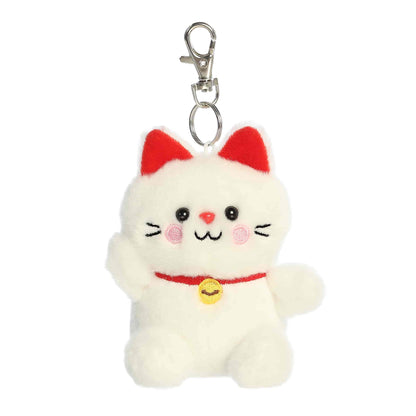 Plush cat keychain with red accents on a white background