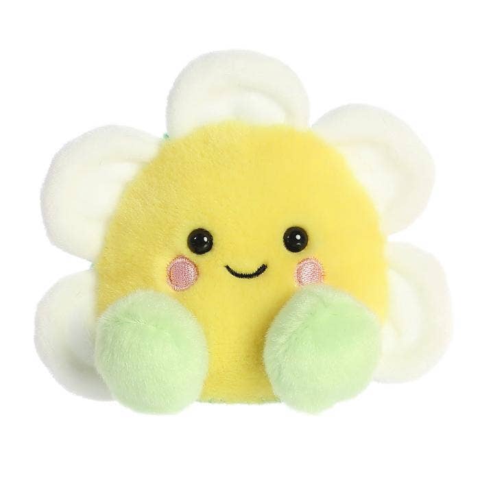 Plush toy daisy with a smiling face on a white background