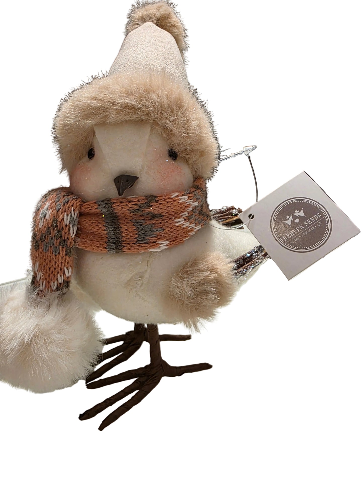 Plush bird toy with a hat and scarf, attached to a tag, on a white background