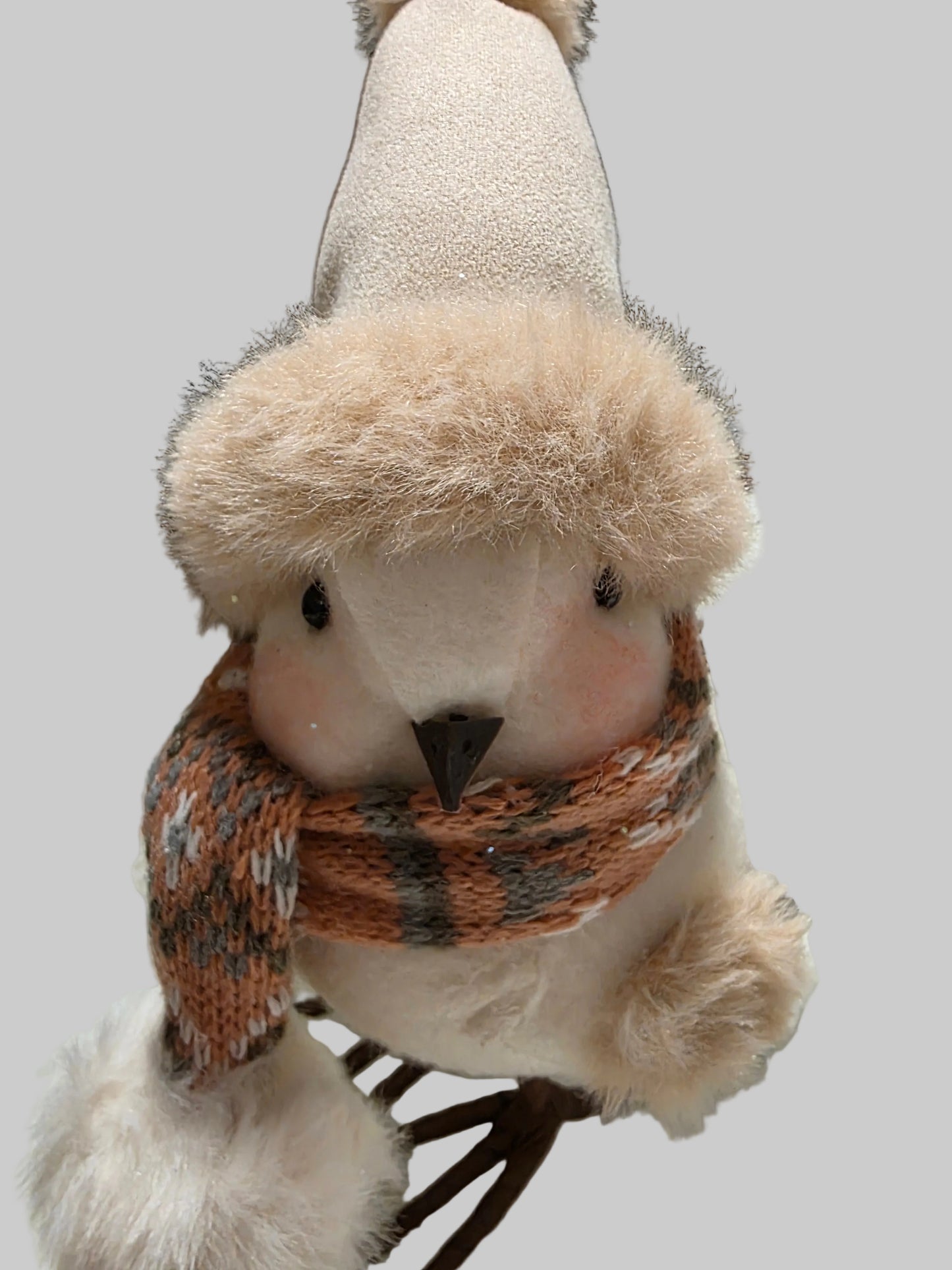 White Robin with Pink Cheeks and Pink and Brown Scarf and Hat Figurine with Wooden Legs and Tail