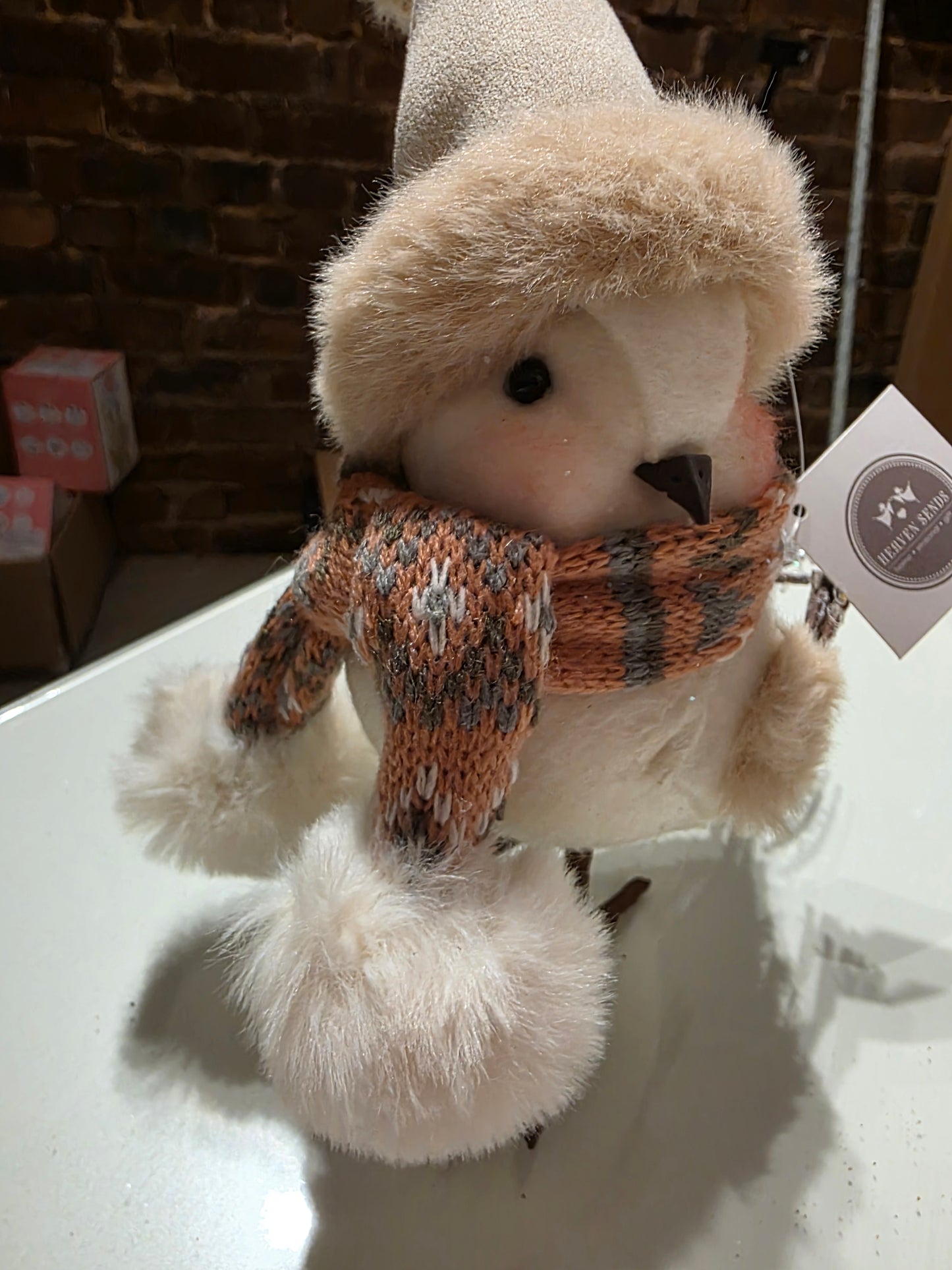 White Robin with Pink Cheeks and Pink and Brown Scarf and Hat Figurine with Wooden Legs and Tail