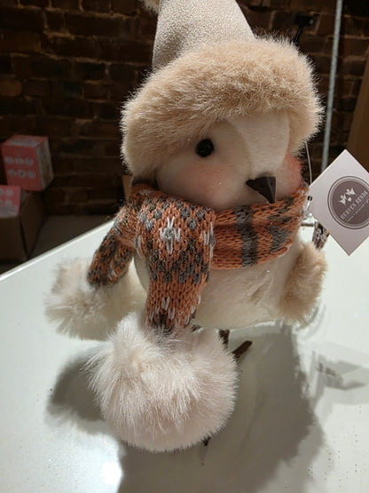 White Robin with Pink Cheeks and Pink and Brown Scarf and Hat Figurine with Wooden Legs and Tail