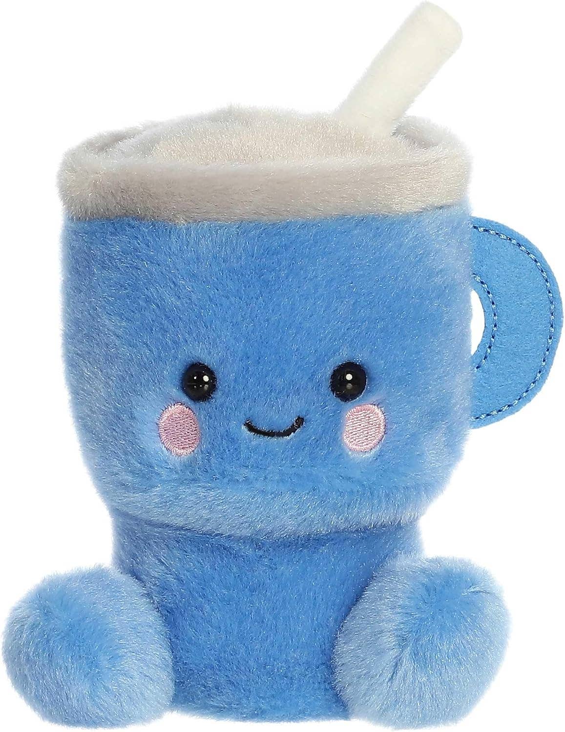 Blue plush drink character with a white straw on a white background