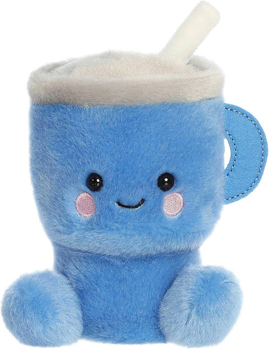 Blue plush drink character with a white straw on a white background