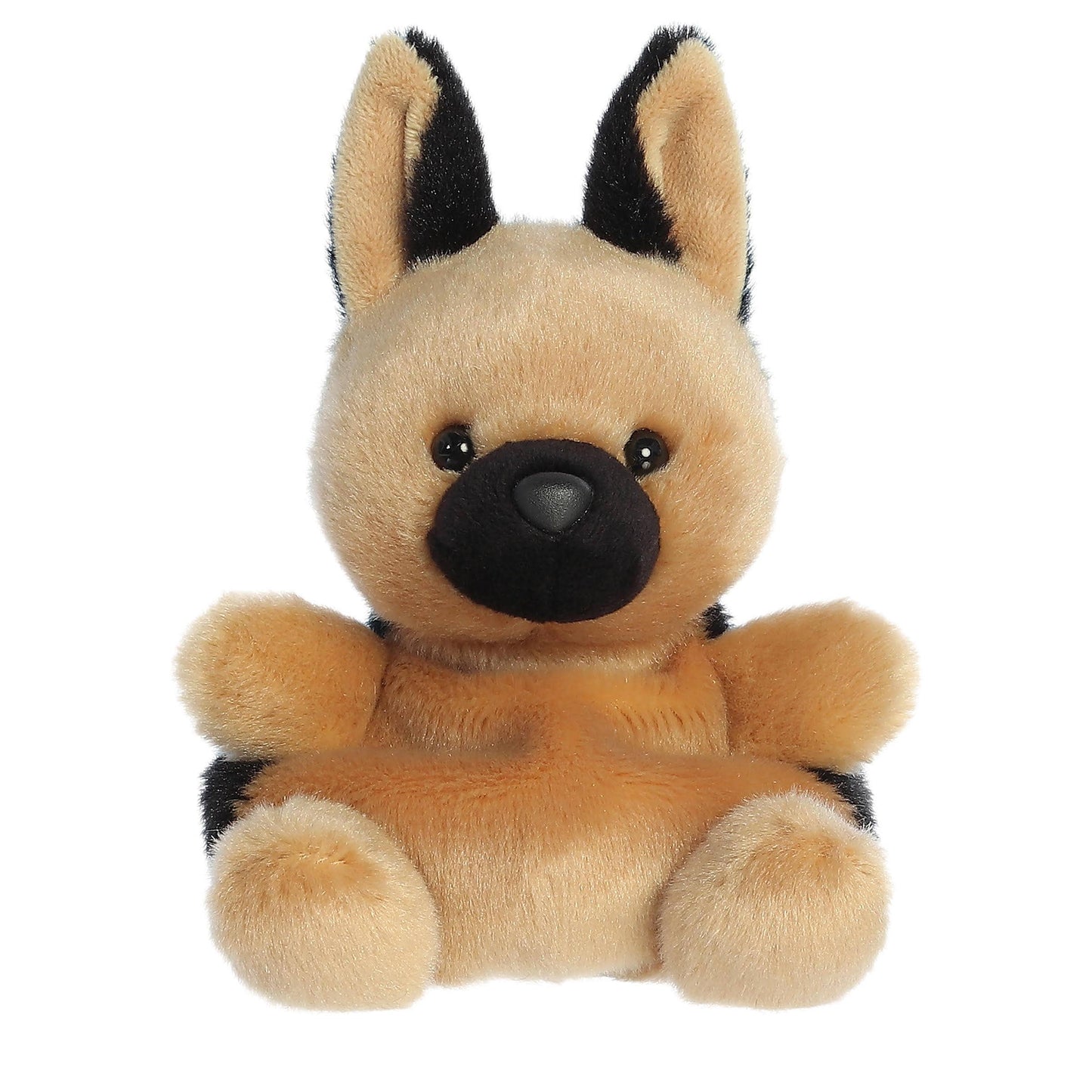 Plush toy dog with black ears and nose on a white background