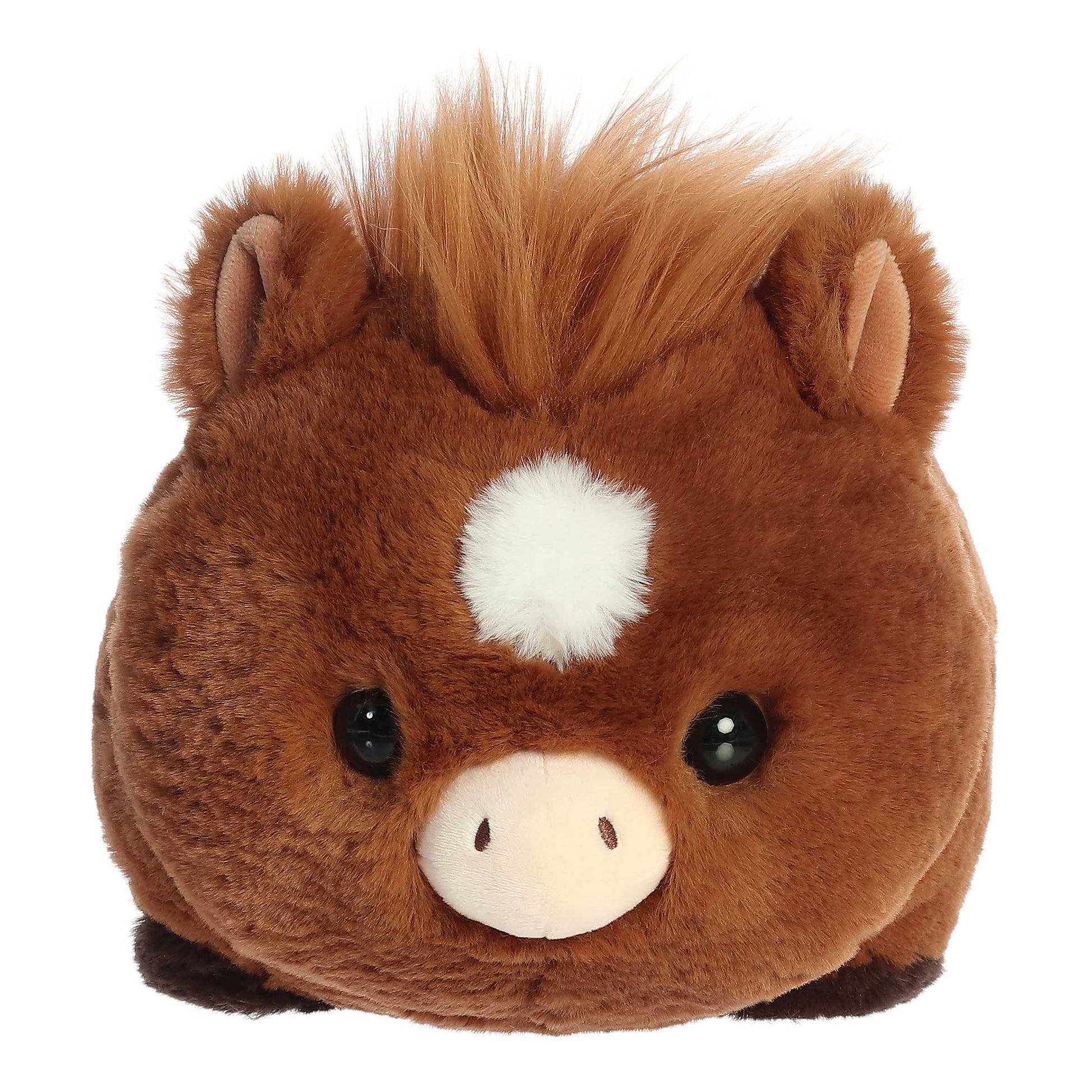 Plush toy horse with a white star on a white background