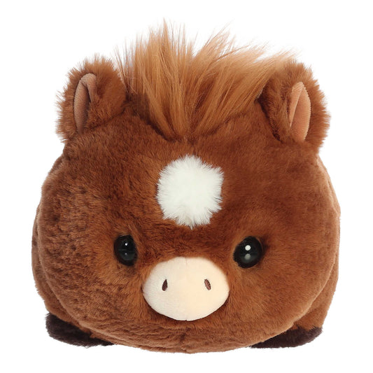 Plush toy horse with a white star on a white background