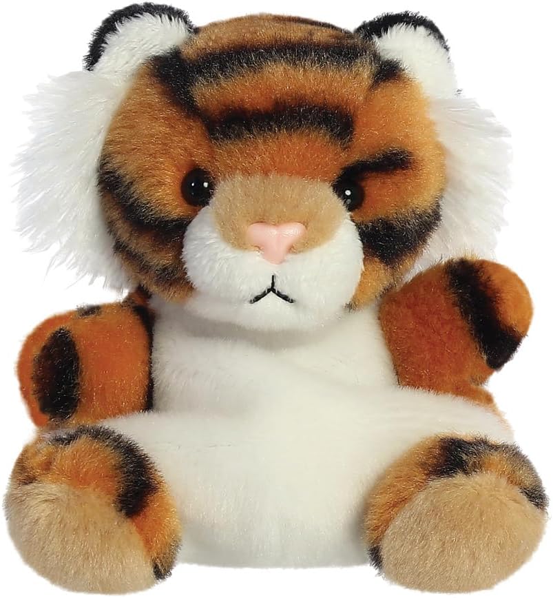 A plush toy resembling a tiger with a white chest and face, brown stripes, and a small build designed to fit in your hand.