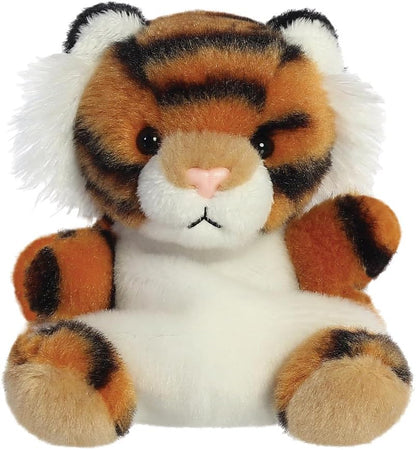 A plush toy resembling a tiger with a white chest and face, brown stripes, and a small build designed to fit in your hand.