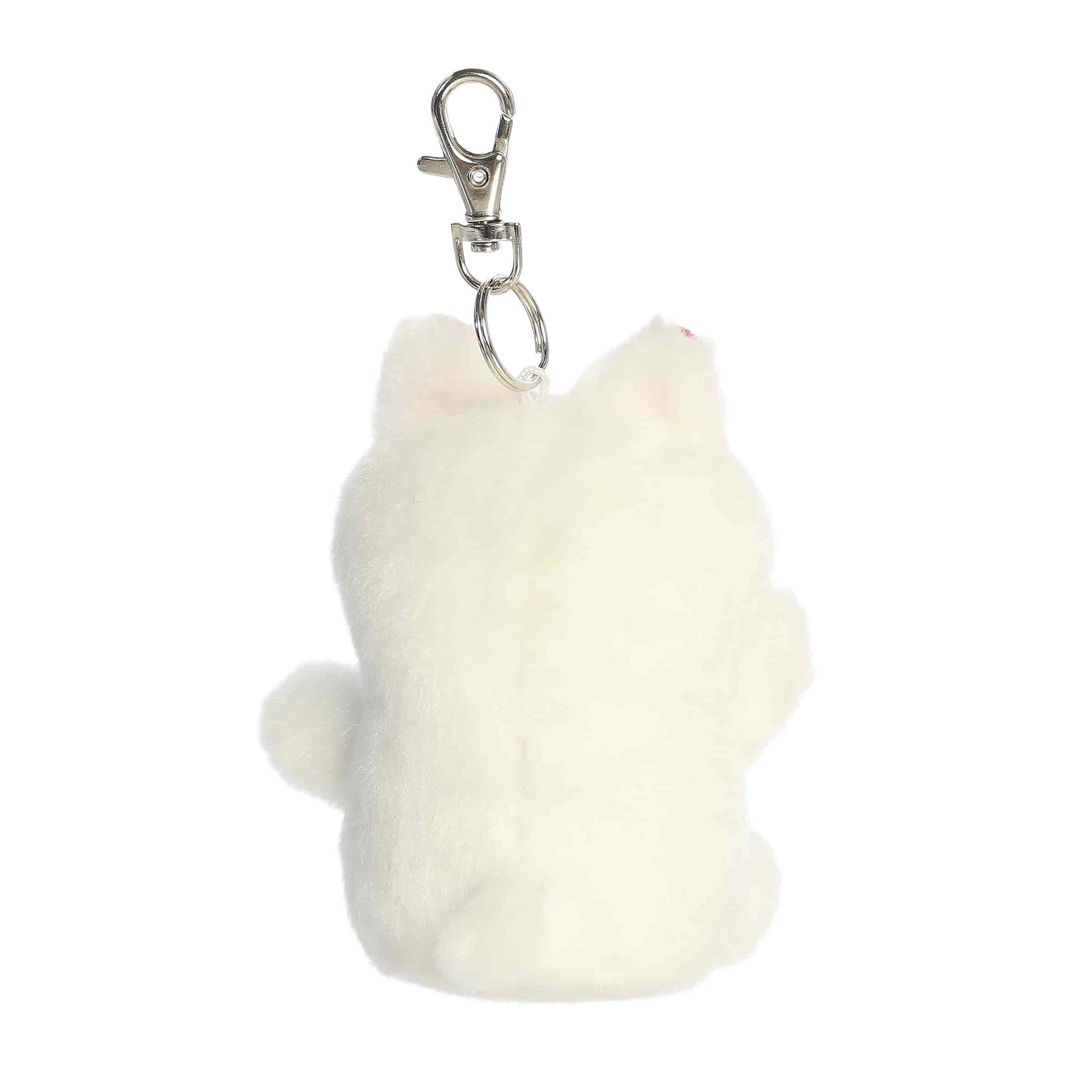 White fluffy keychain with a metal clip on a white background