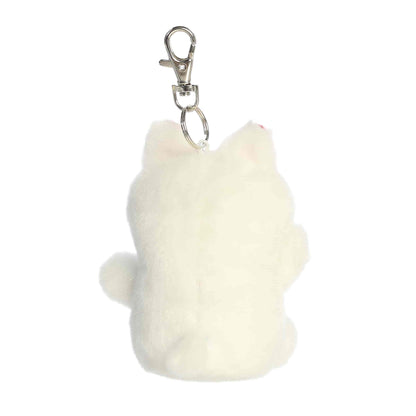 White fluffy keychain with a metal clip on a white background