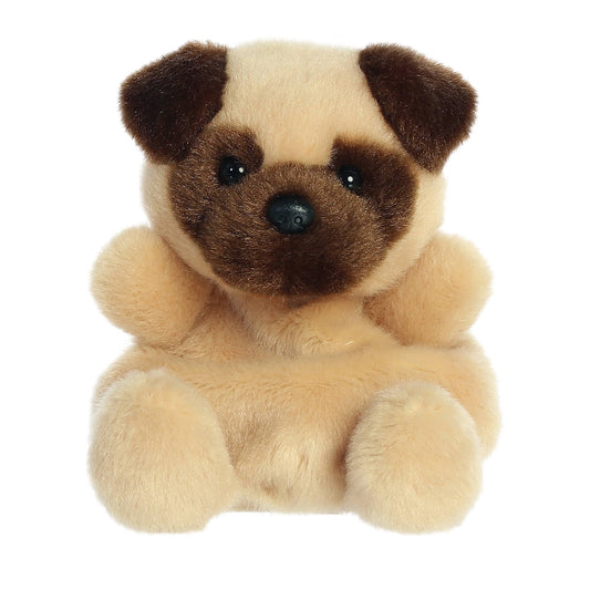 Plush pug dog toy with a brown and beige color scheme on a white background