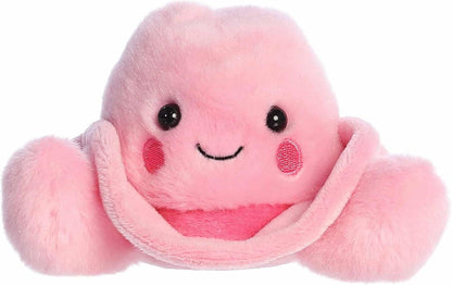 Pink plush cowboy hat toy with a smiling face on a white background