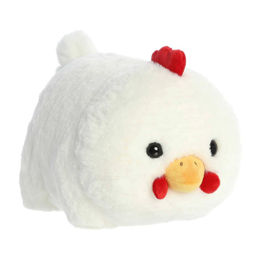 Plush toy shaped like a chicken on a white background