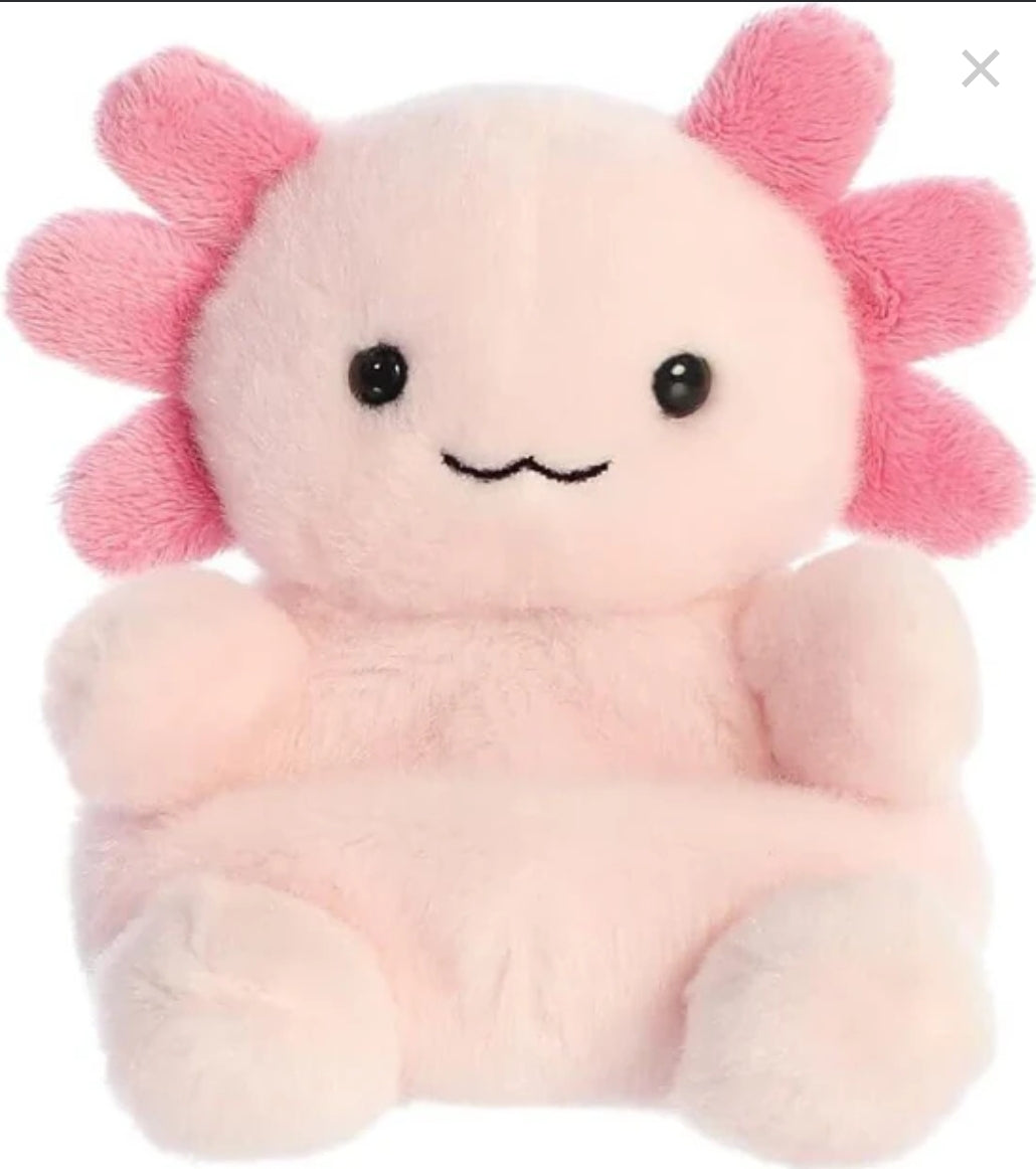 Pink Axolotl palm pal with cute face and plush material