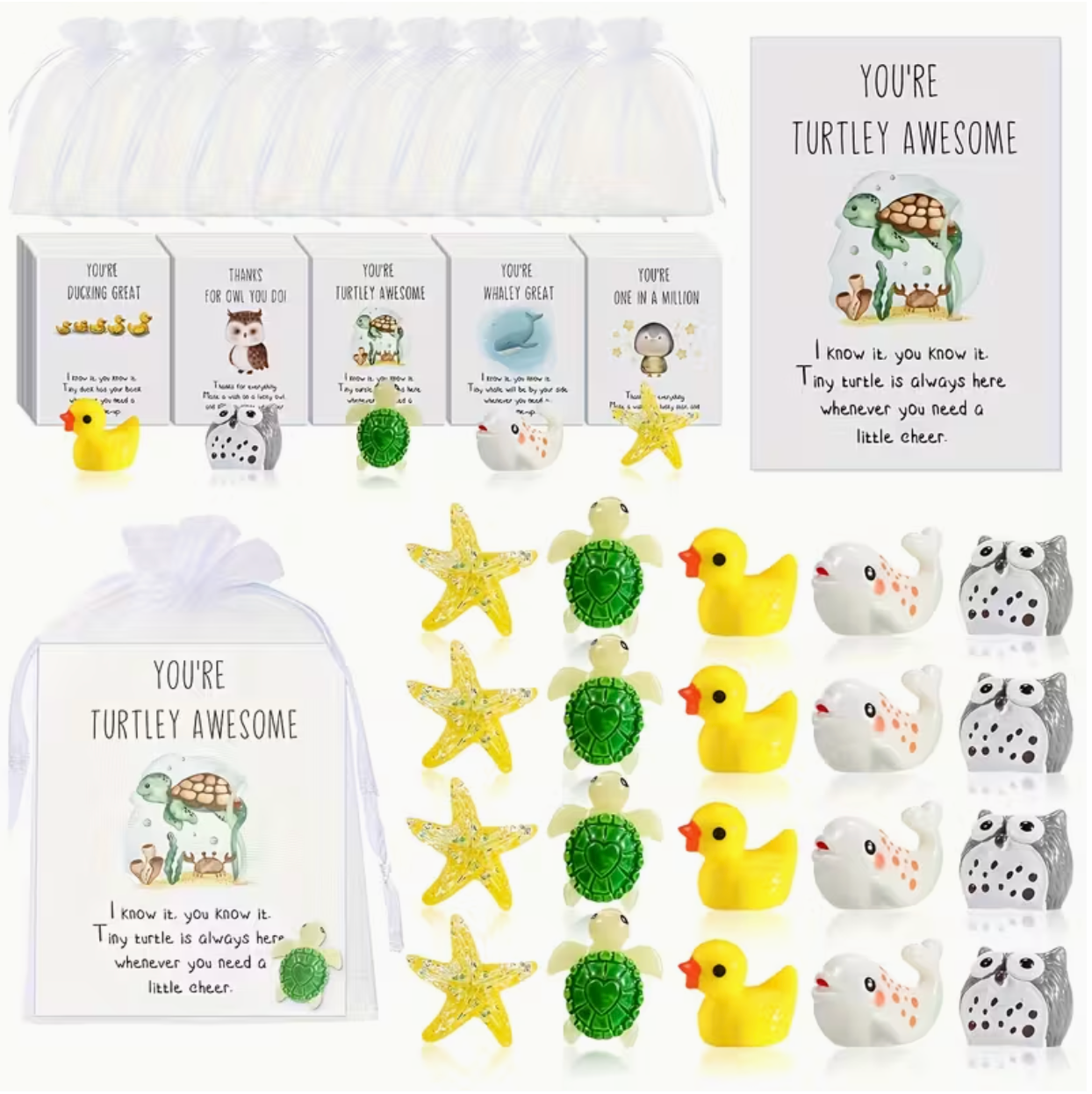 Inspirational Animal-Themed Appreciation Gifts with Note Cards - Assorted Resin Figurines (Ducks, Turtles, Owls) & Glitter Stars, Pocket-Sized Motivational Favors for Coworkers, Birthdays, Get Well, Good Luck