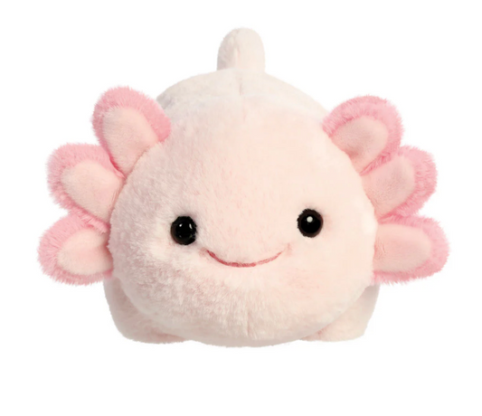 Plush toy axolotl with pink gills on a white background
