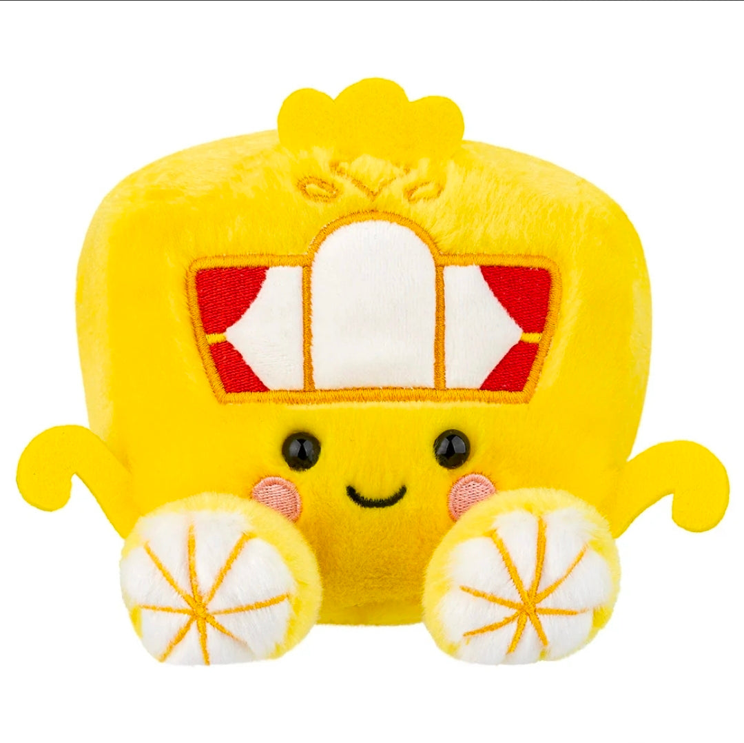 Yellow plush toy resembling a classic fairy tale carriage with a smiling face on a white background