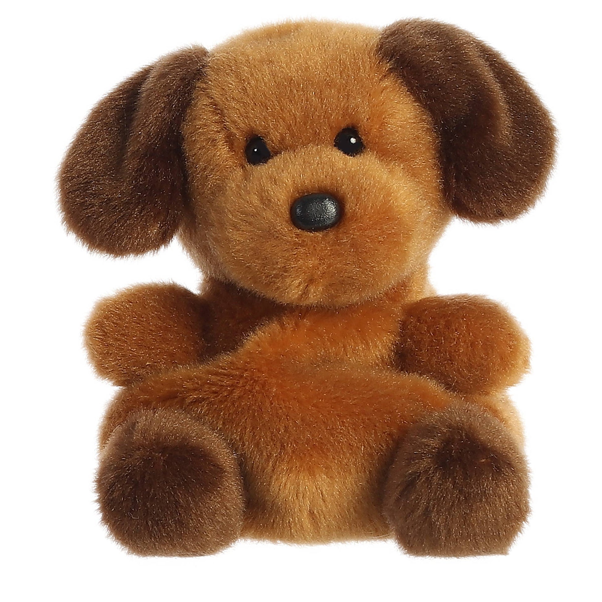 Brown plush dog with black nose on a white background