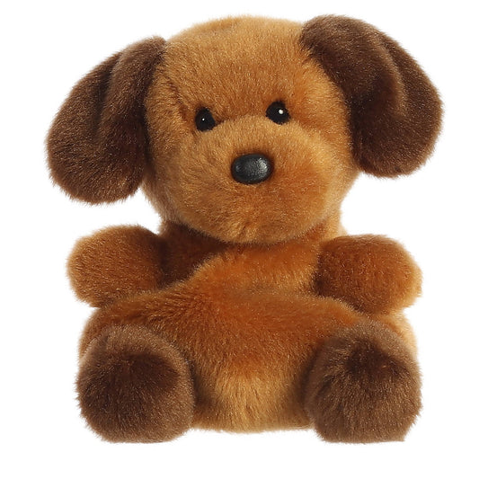 Brown plush dog with black nose on a white background