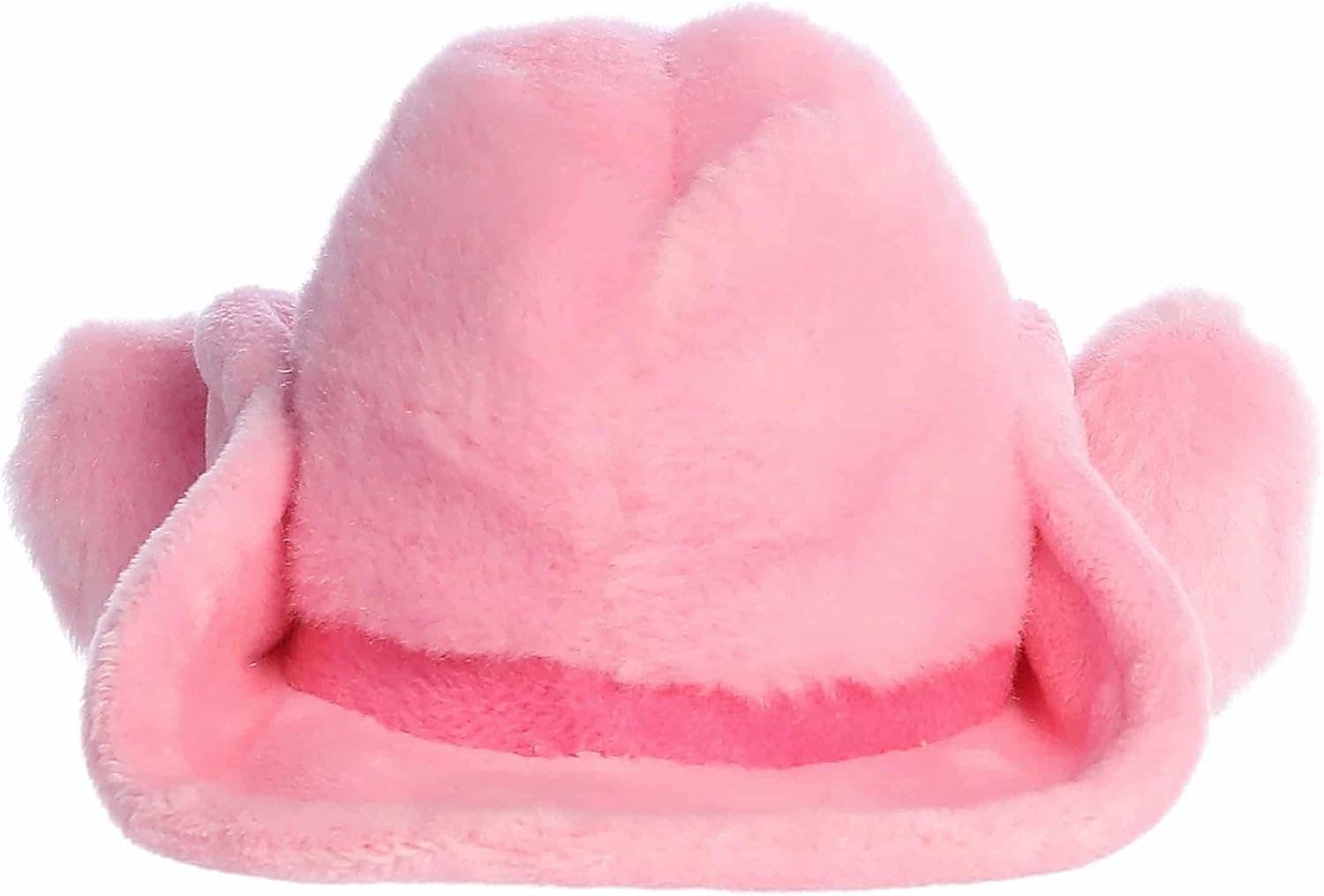 Pink plush cowboy hat toy from back with a smiling face on a white background