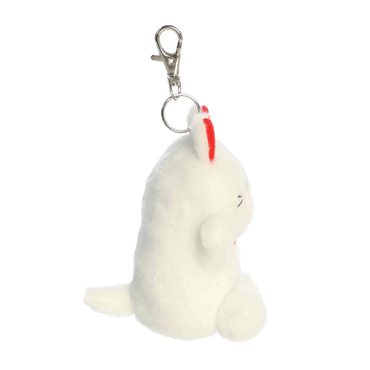 Plush seal keychain with a red nose on a white background