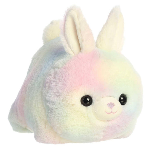 Multicolored plush toy with rabbit ears on a white background