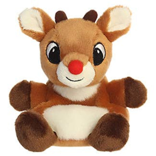Plush reindeer toy with a red nose on a white background