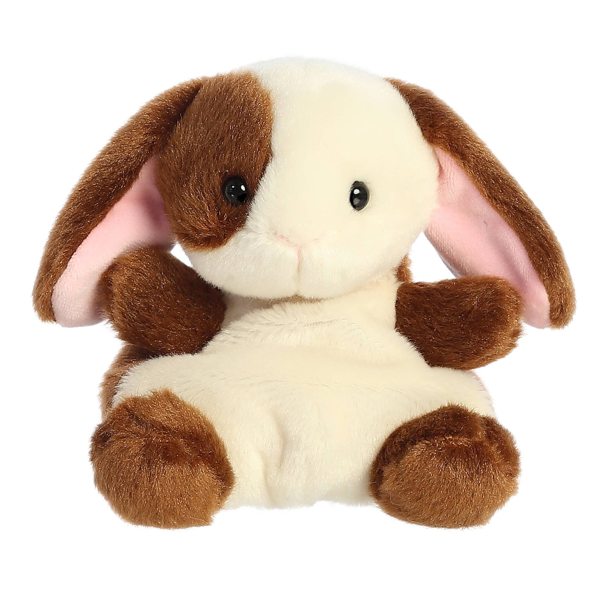 Plush toy palm pal bunny with brown and white fur on a white background