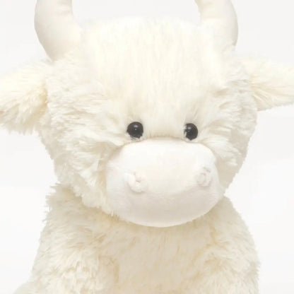 Close-up of a cream-colored plush toy with black eyes on a white background